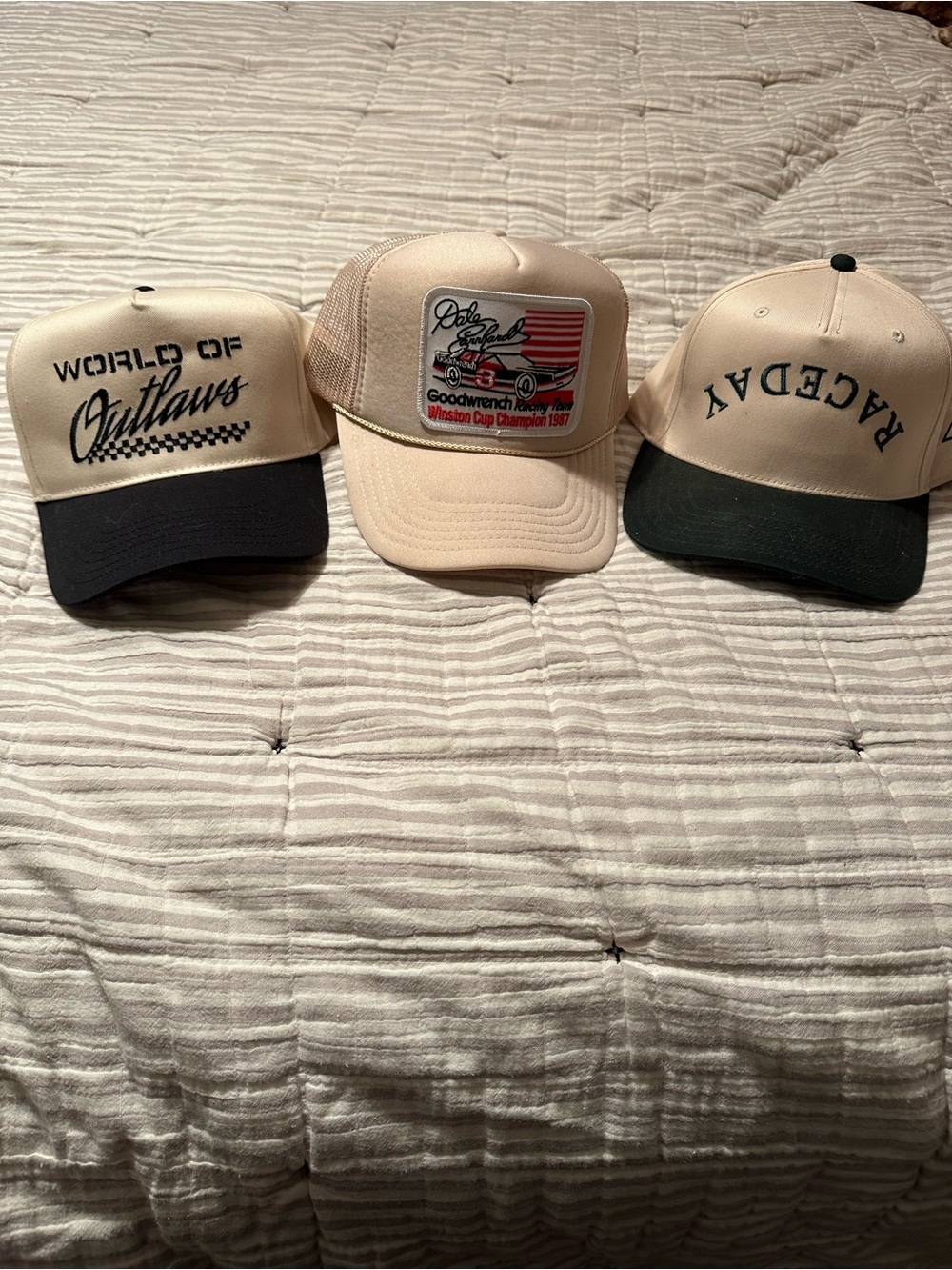 Source Unknown Beige Racing Patch Trucker Hat with Black Brim